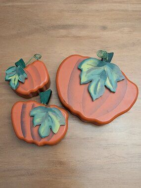 Set of 3 Wooden Orange Pumpkin Fall Thanksgiving Halloween Decoration Figurines